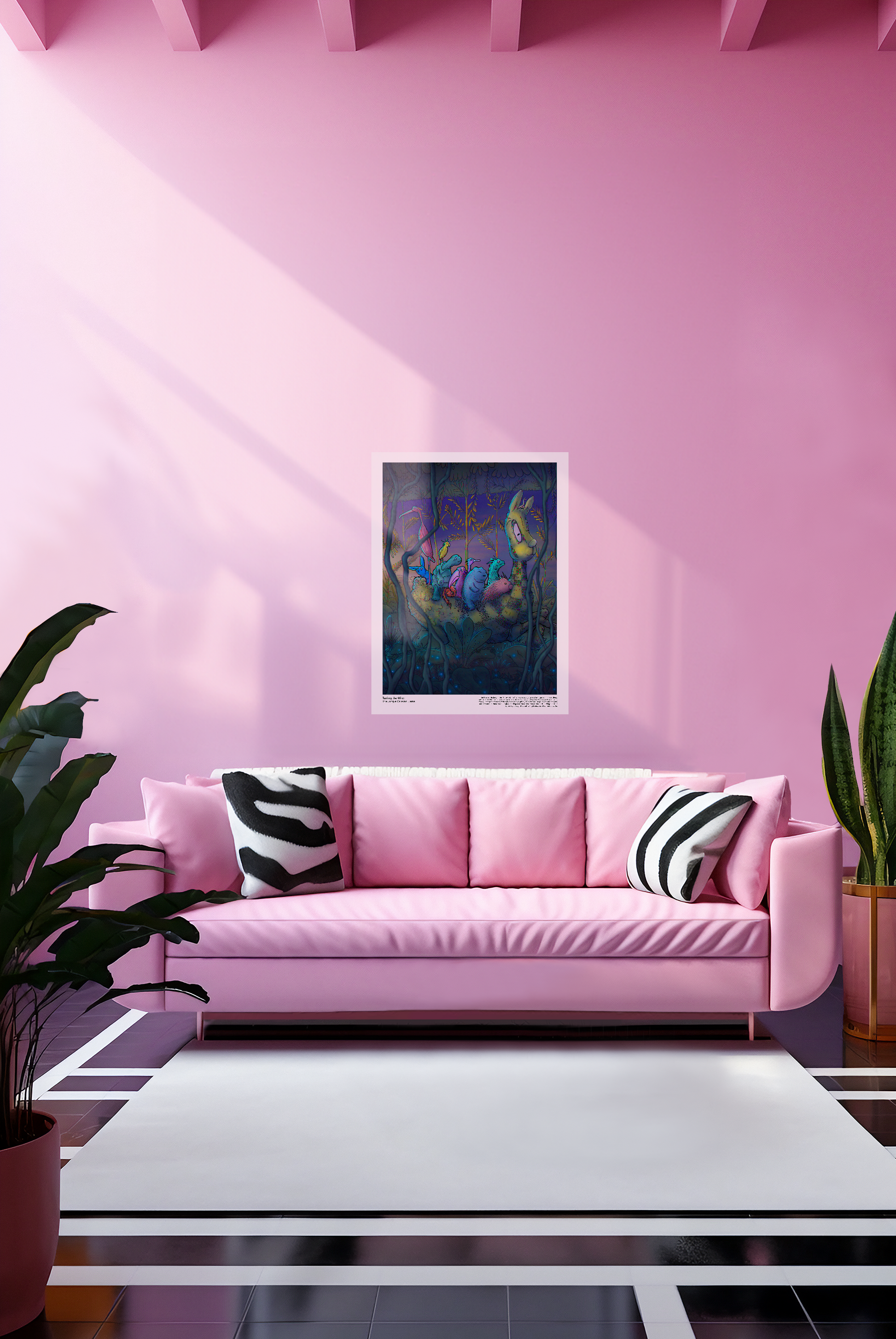 Caravan Llama art print in a vibrant pink living room with a modern sofa and zebra-pattern pillows, adding a whimsical jungle touch to the decor.