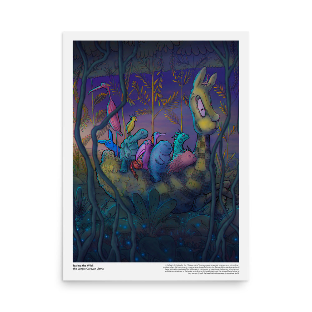 18x24 art print poster of the Caravan Llama, a whimsical jungle creature with a parade of animals through lush foliage, symbolizing harmony and interconnectedness in nature.