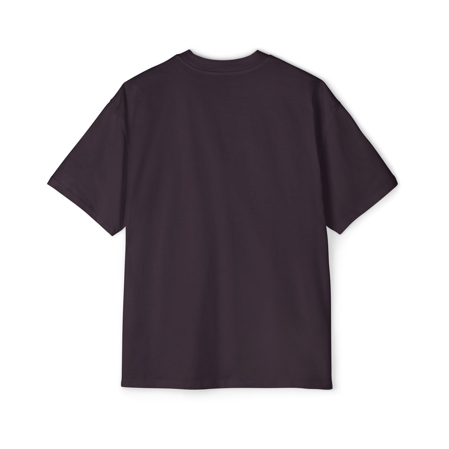 Back view of the plum-colored oversized tee from the Enigmatic Elegance collection, showcasing a clean, minimalist design on soft, heavyweight fabric.