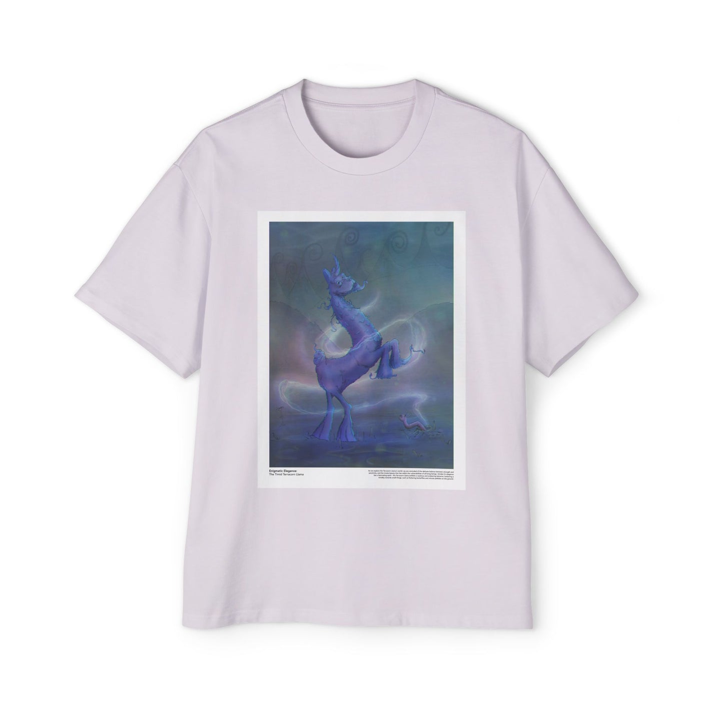 Orchid-colored oversized tee featuring the Timid Terracorn Llama design from the Enigmatic Elegance collection, showcasing a mystical llama on soft, premium fabric.