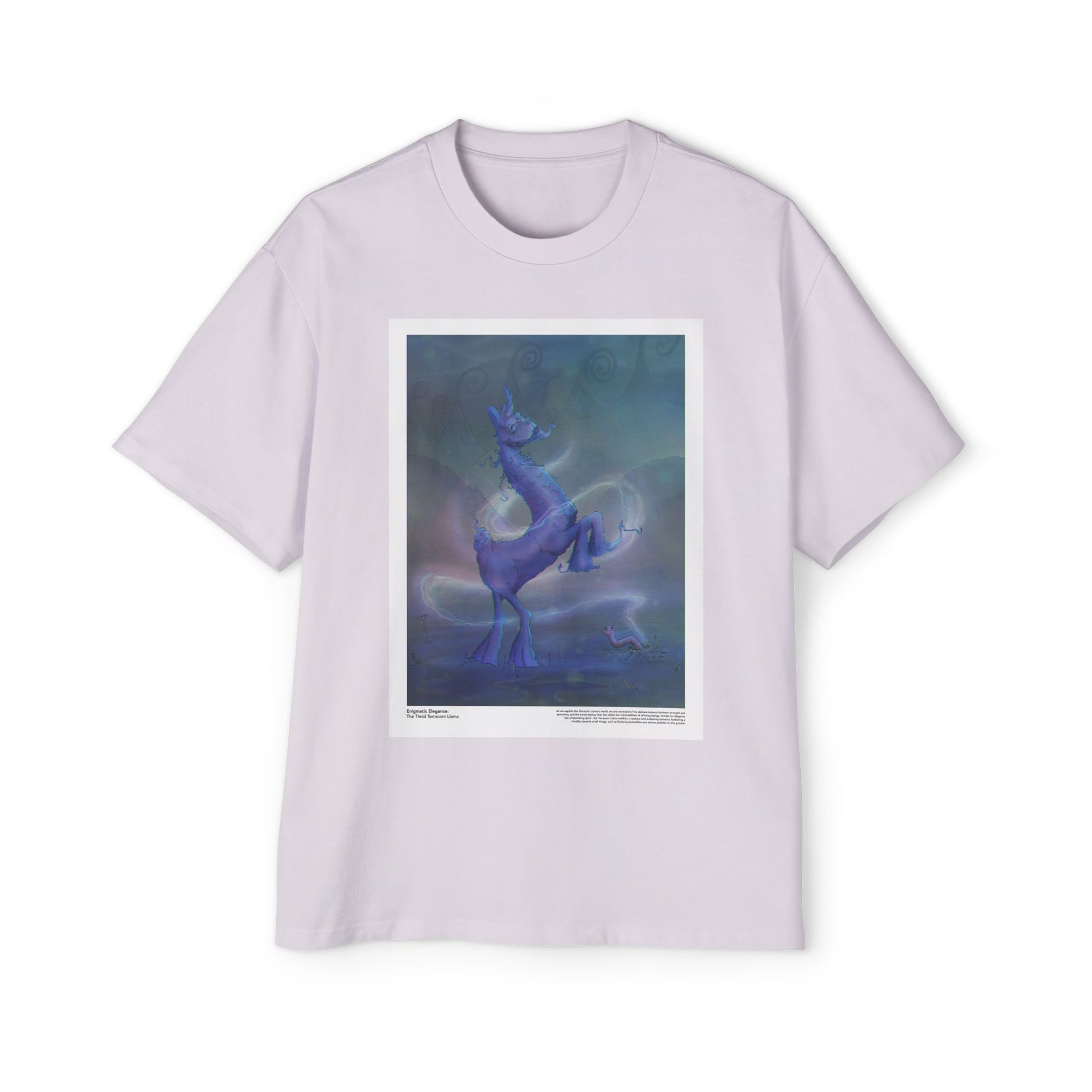 Orchid-colored oversized tee featuring the Timid Terracorn Llama design from the Enigmatic Elegance collection, showcasing a mystical llama on soft, premium fabric.