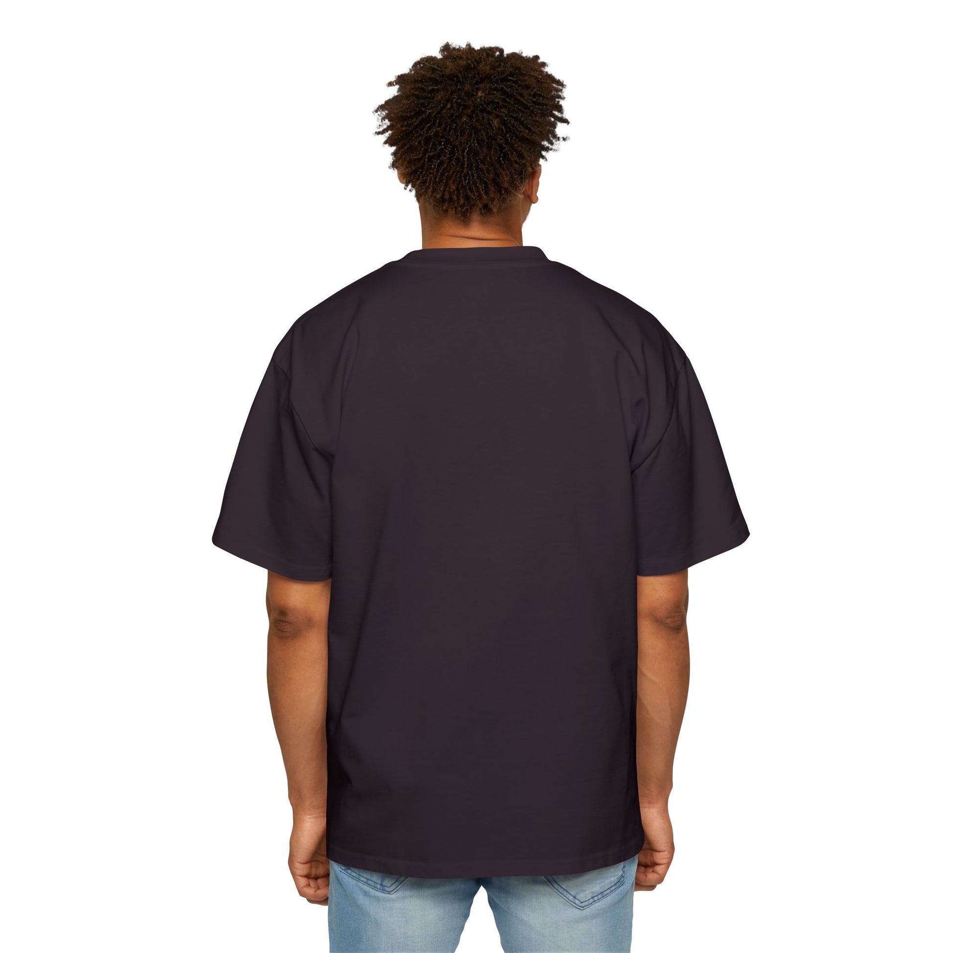 Back view of a model wearing the plum-colored Enigmatic Elegance: Timid Terracorn Llama Heavy Oversized Tee, showcasing the relaxed, oversized fit with a clean back design.