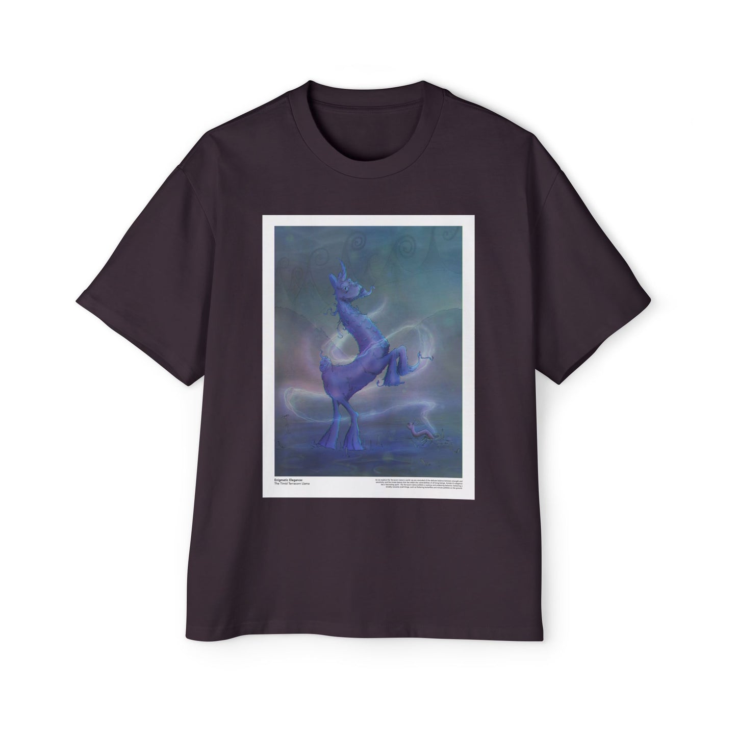 Plum-colored oversized tee featuring the Timid Terracorn Llama design from the Enigmatic Elegance collection, with a mystical llama graphic on soft, heavyweight fabric.