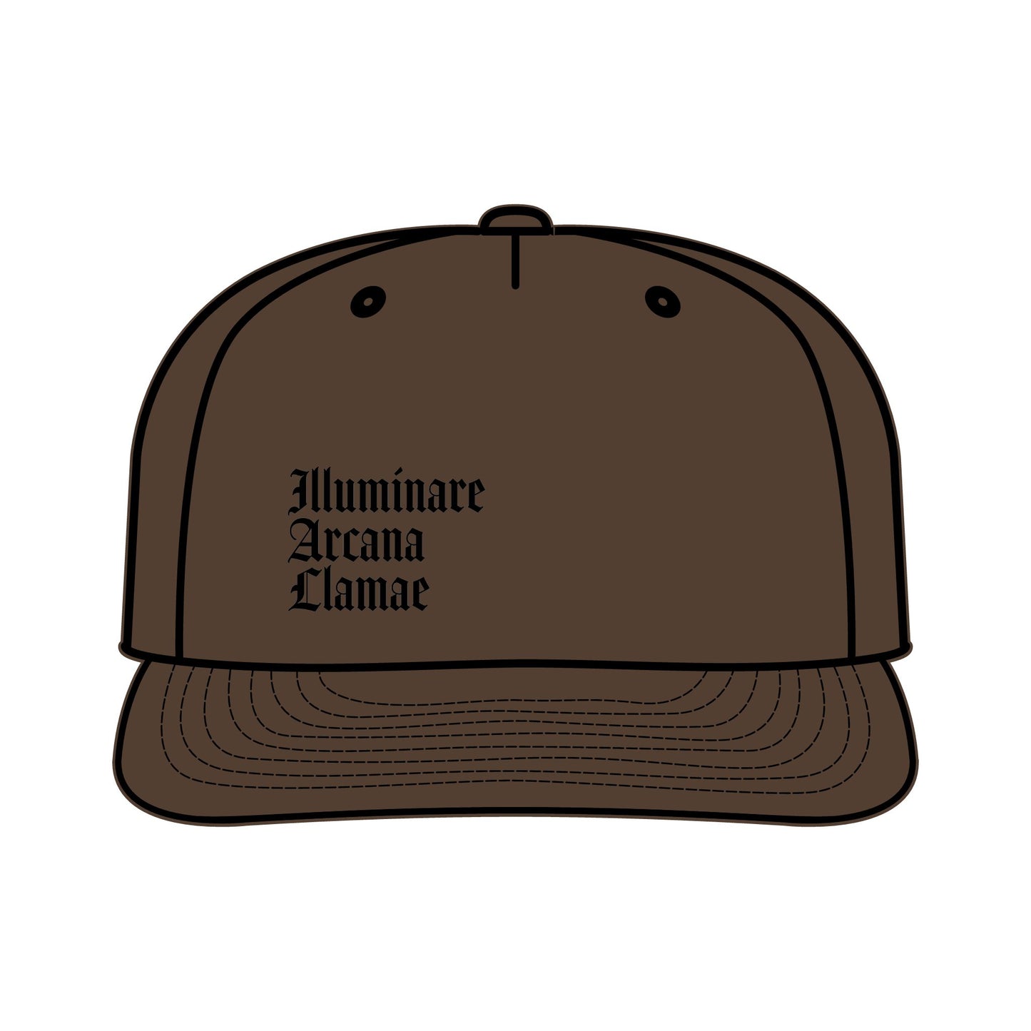 Walnut color Illuminare Arcana Lamae Surf Cap with embroidered white llama logo and intricate 'Illuminare Arcana Lamae' lettering, made from 100% recycled nylon with a plastic snapback closure