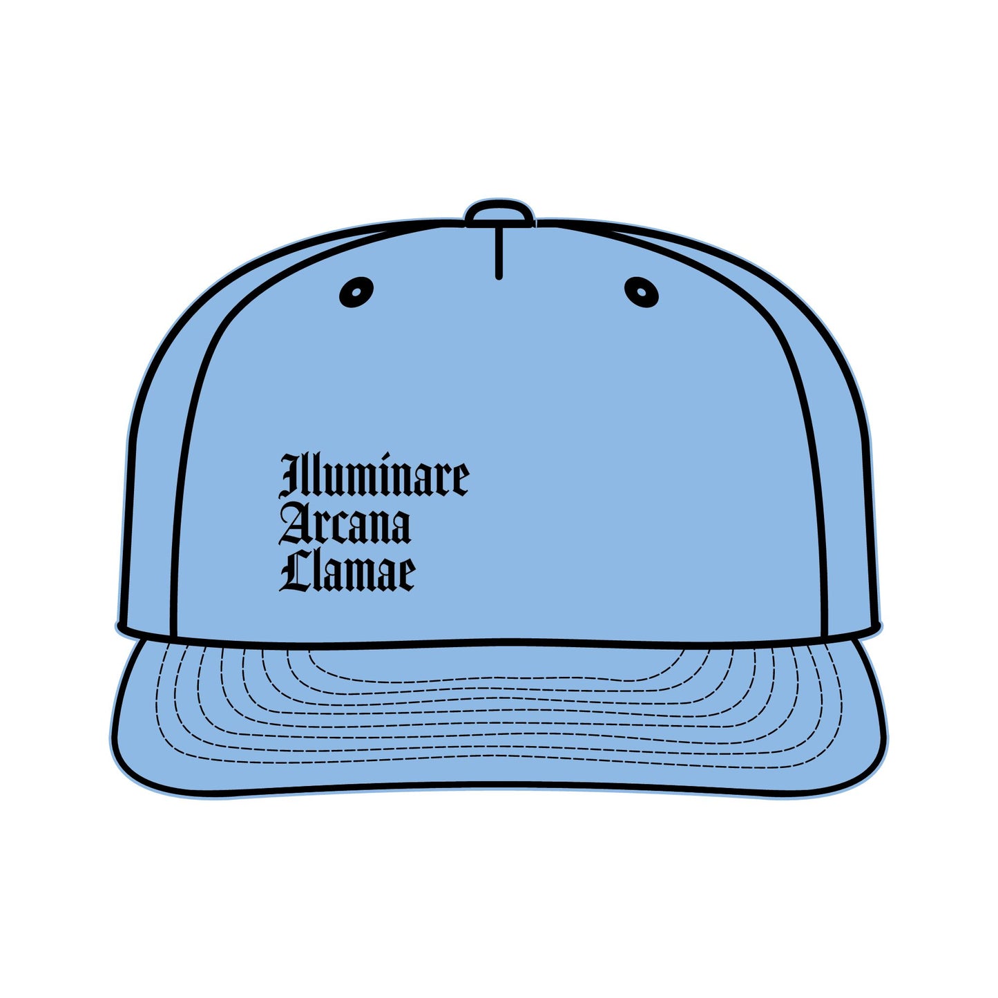 Light blue Illuminare Arcana Lamae Surf Cap with embroidered white llama logo and intricate 'Illuminare Arcana Lamae' lettering, made from 100% recycled nylon with a plastic snapback closure.