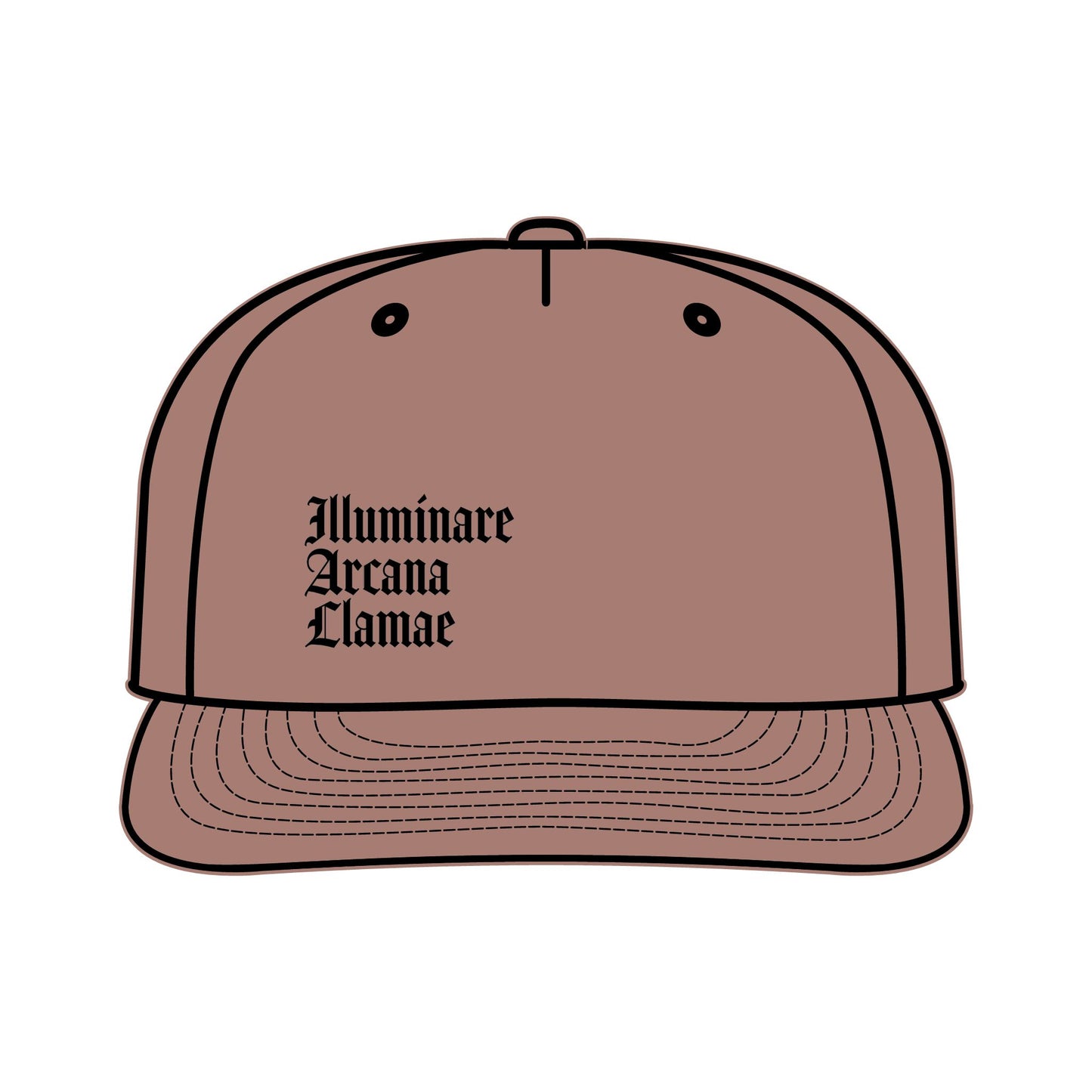 Hazy Pink Illuminare Arcana Lamae Surf Cap with embroidered white llama logo and intricate 'Illuminare Arcana Lamae' lettering, made from 100% recycled nylon with a plastic snapback closure.