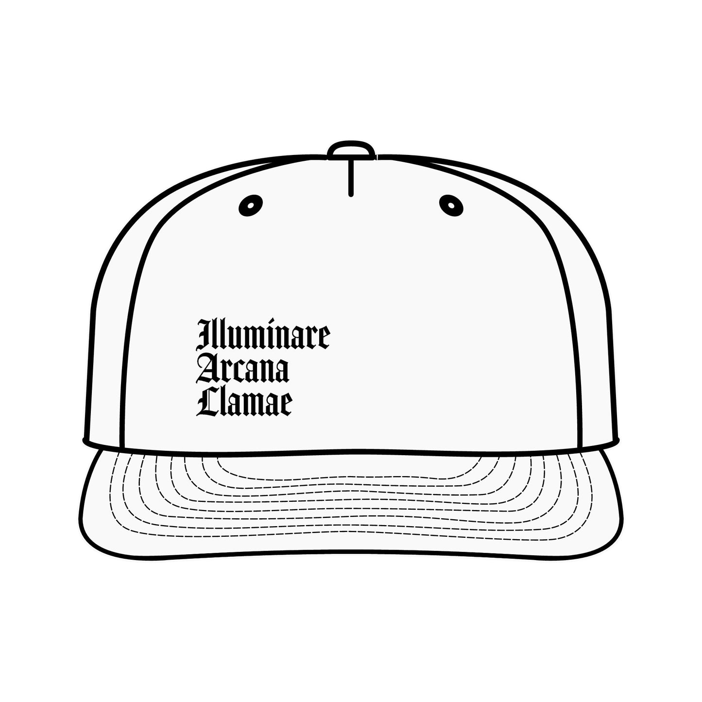 White Illuminare Arcana Lamae Surf Cap with embroidered white llama logo and intricate 'Illuminare Arcana Lamae' lettering, made from 100% recycled nylon with a plastic snapback closure.