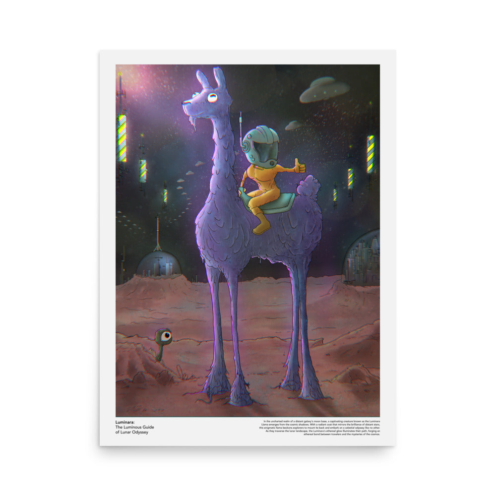 18x24 art print poster of Luminara, a mystical galaxy-inspired llama with luminous colors and celestial details, symbolizing guidance and wonder in a cosmic journey.