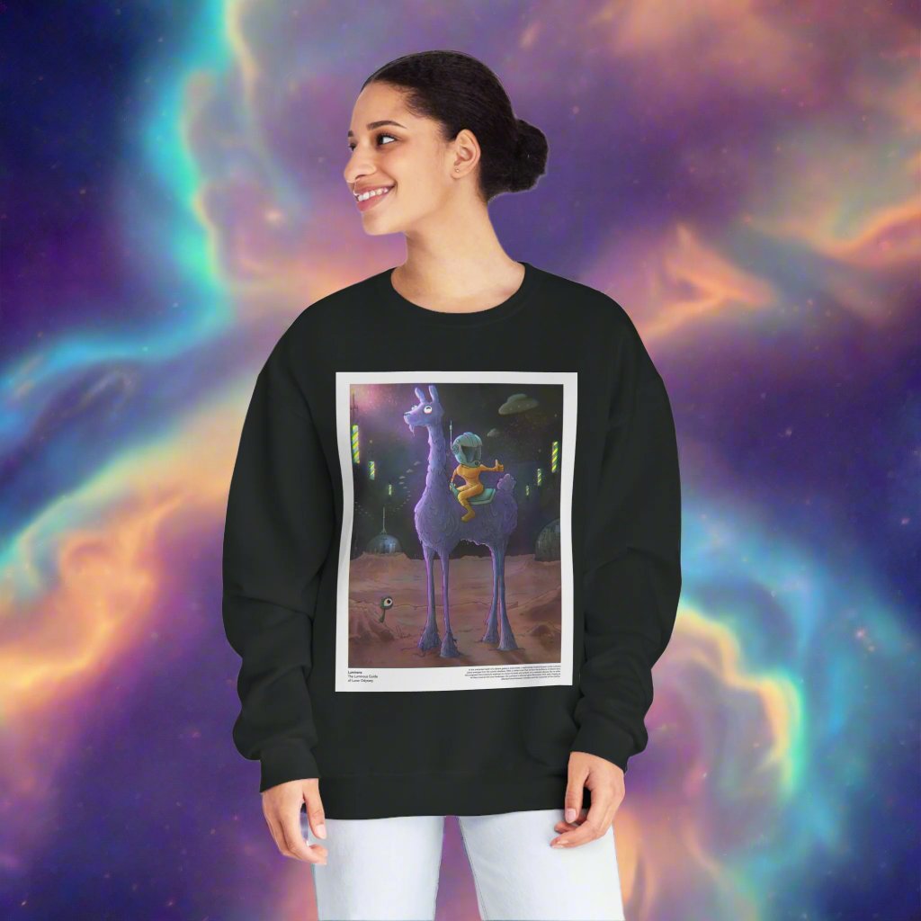 Model wearing the black Luminara: The Luminous Guide of Lunar Odyssey crewneck sweatshirt with a mystical llama design, set against a vibrant cosmic background.