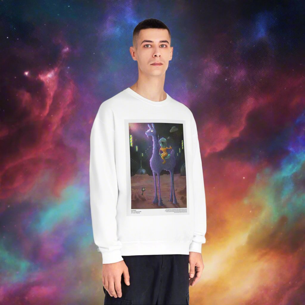 Model wearing the white Luminara: The Luminous Guide of Lunar Odyssey crewneck sweatshirt with a mystical llama design, set against a vibrant cosmic background.