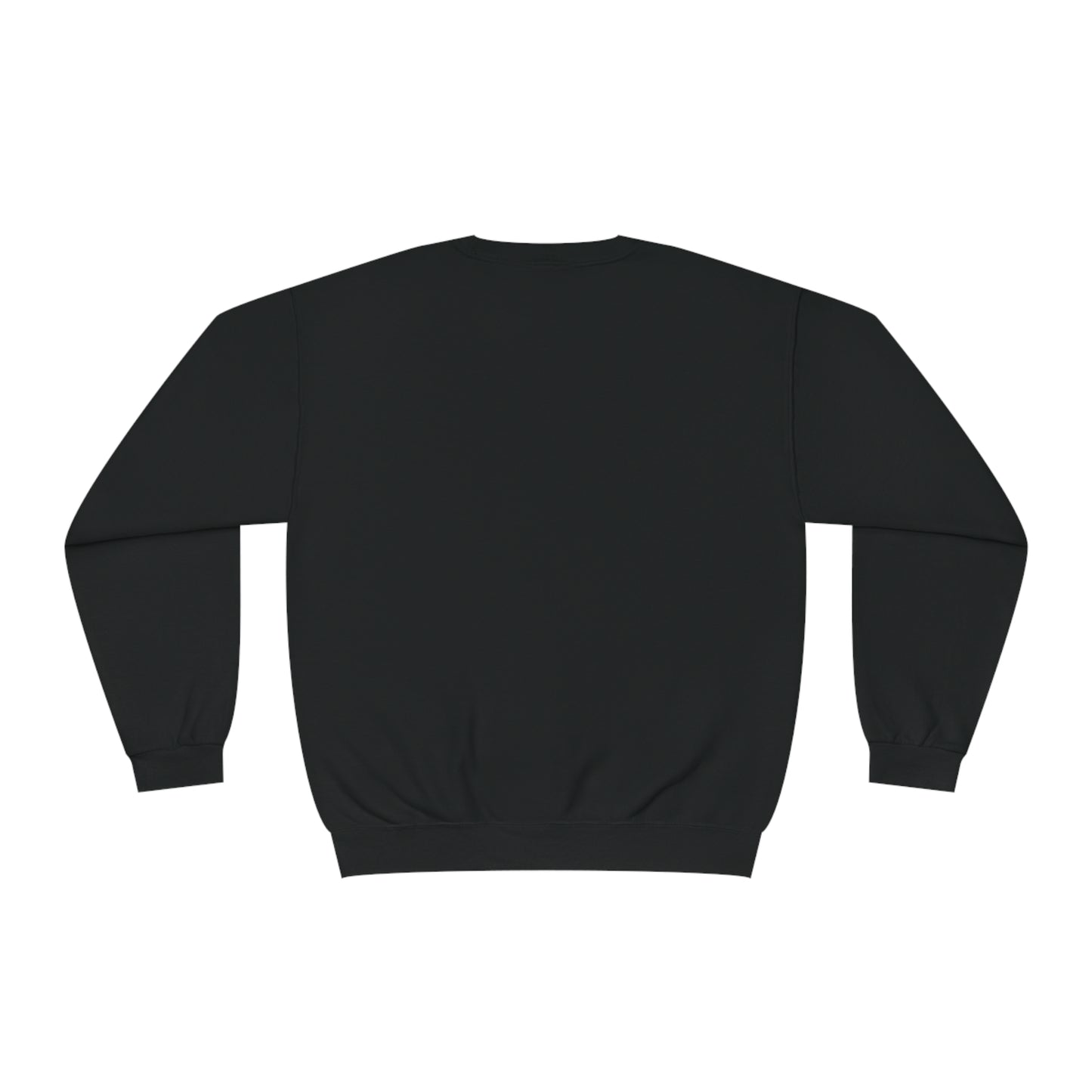 Back view of the black Luminara: The Luminous Guide of Lunar Odyssey crewneck sweatshirt in a flat lay, showcasing a clean, minimalist design on soft NuBlend® fabric.