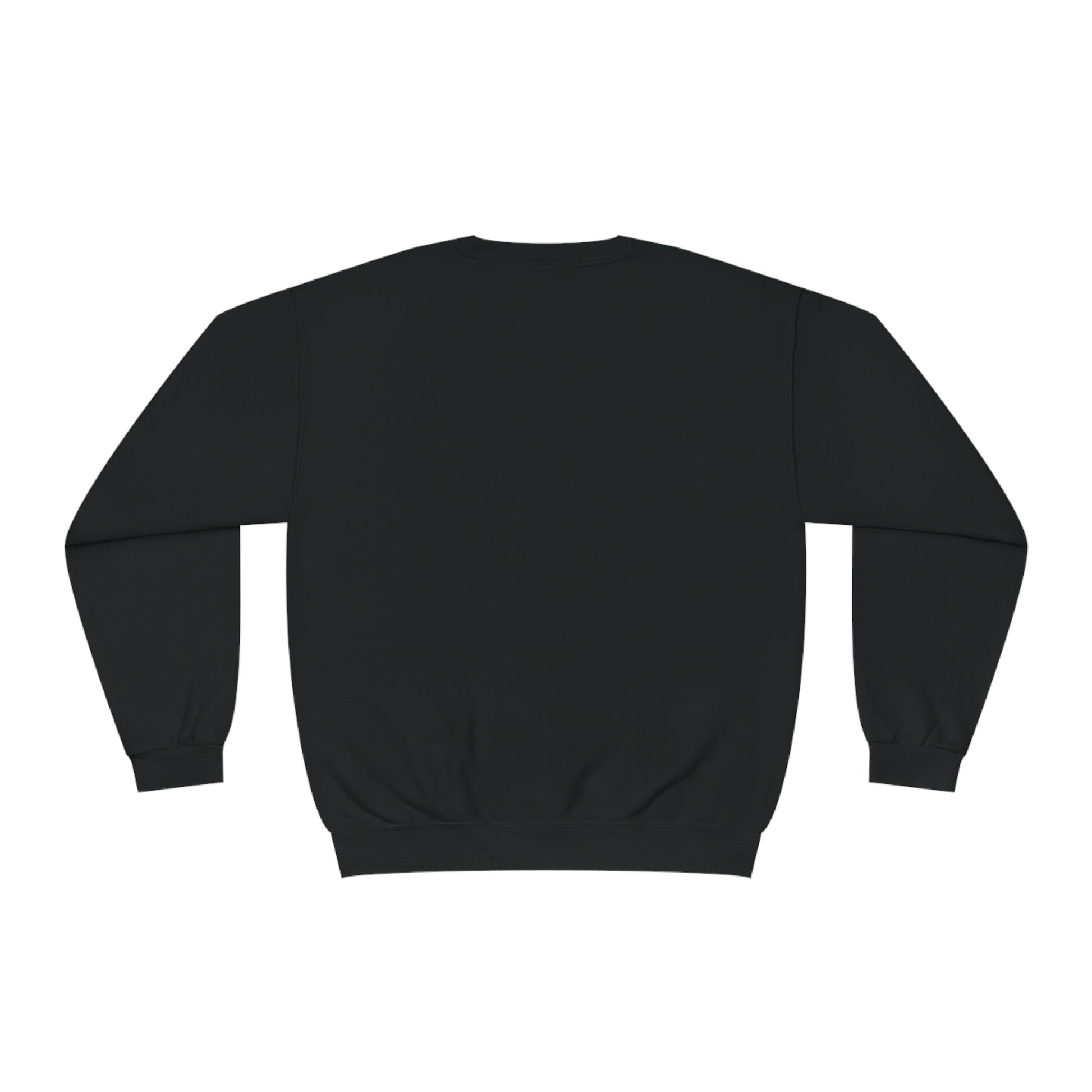 Back view of the black Luminara: The Luminous Guide of Lunar Odyssey crewneck sweatshirt in a flat lay, showcasing a clean, minimalist design on soft NuBlend® fabric.