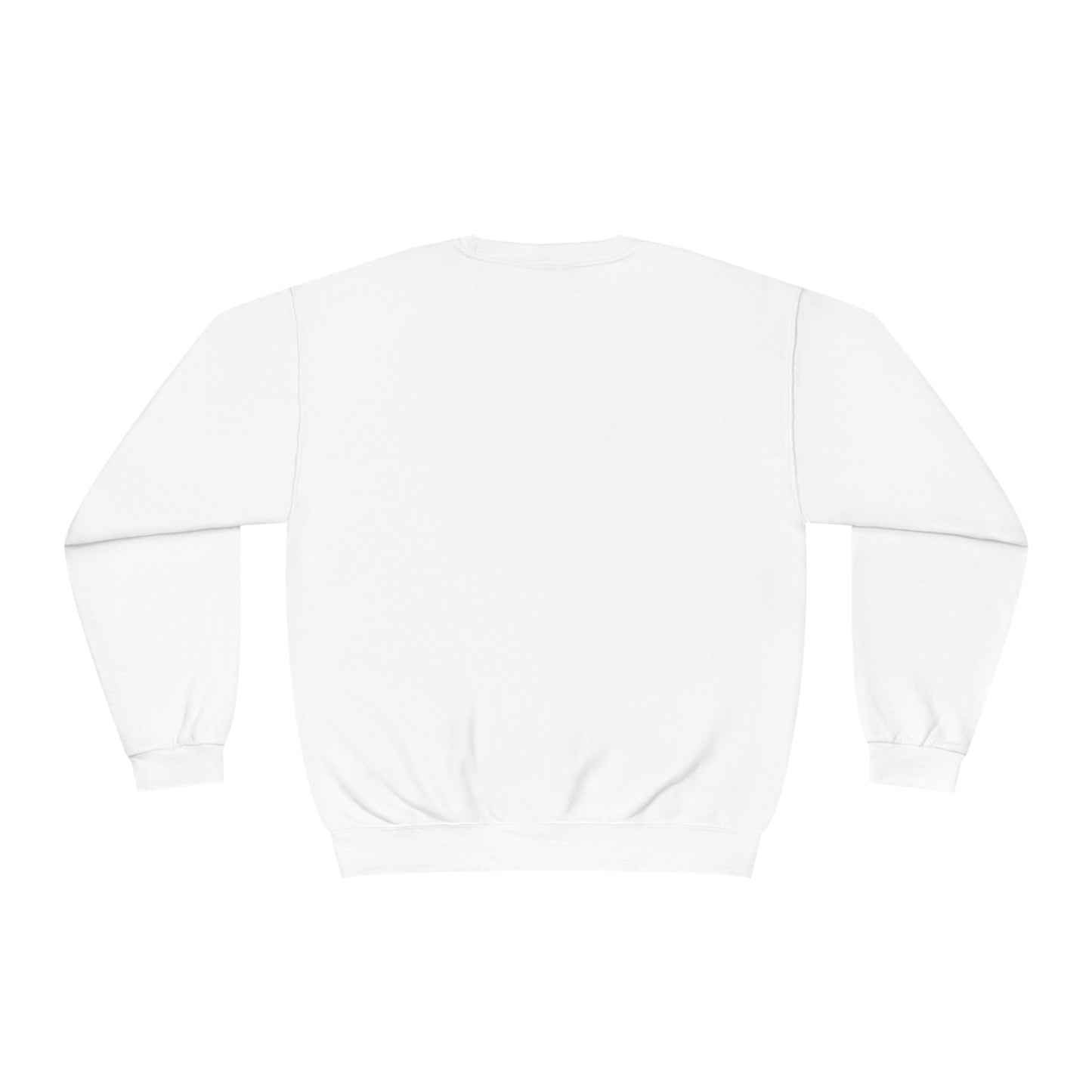 Back view of the white Luminara: The Luminous Guide of Lunar Odyssey crewneck sweatshirt in a flat lay, showcasing a clean, minimalist design on soft NuBlend® fabric.