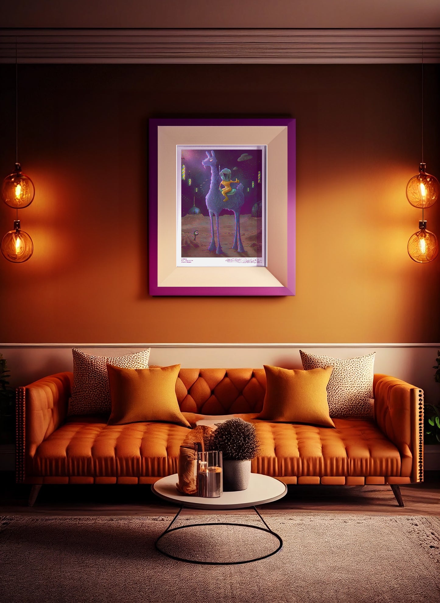 Luminara art print in a bright purple frame displayed in an orange living room, adding a touch of cosmic elegance to vibrant decor.