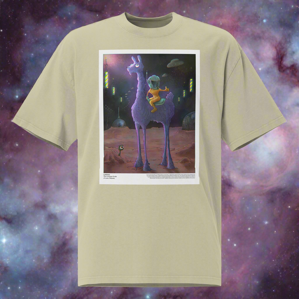 Flat lay of the faded eucalyptus Luminara Oversized T-Shirt with a celestial llama design, displayed against a space nebula background, offering a cosmic, vintage-inspired aesthetic.