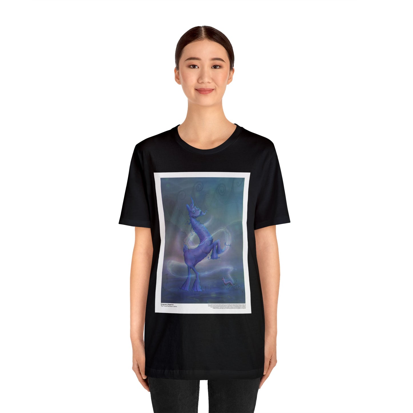 Woman wearing a black unisex Timid Terracorn Llama Tee featuring a mystical llama design, perfect for fantasy and llama enthusiasts.