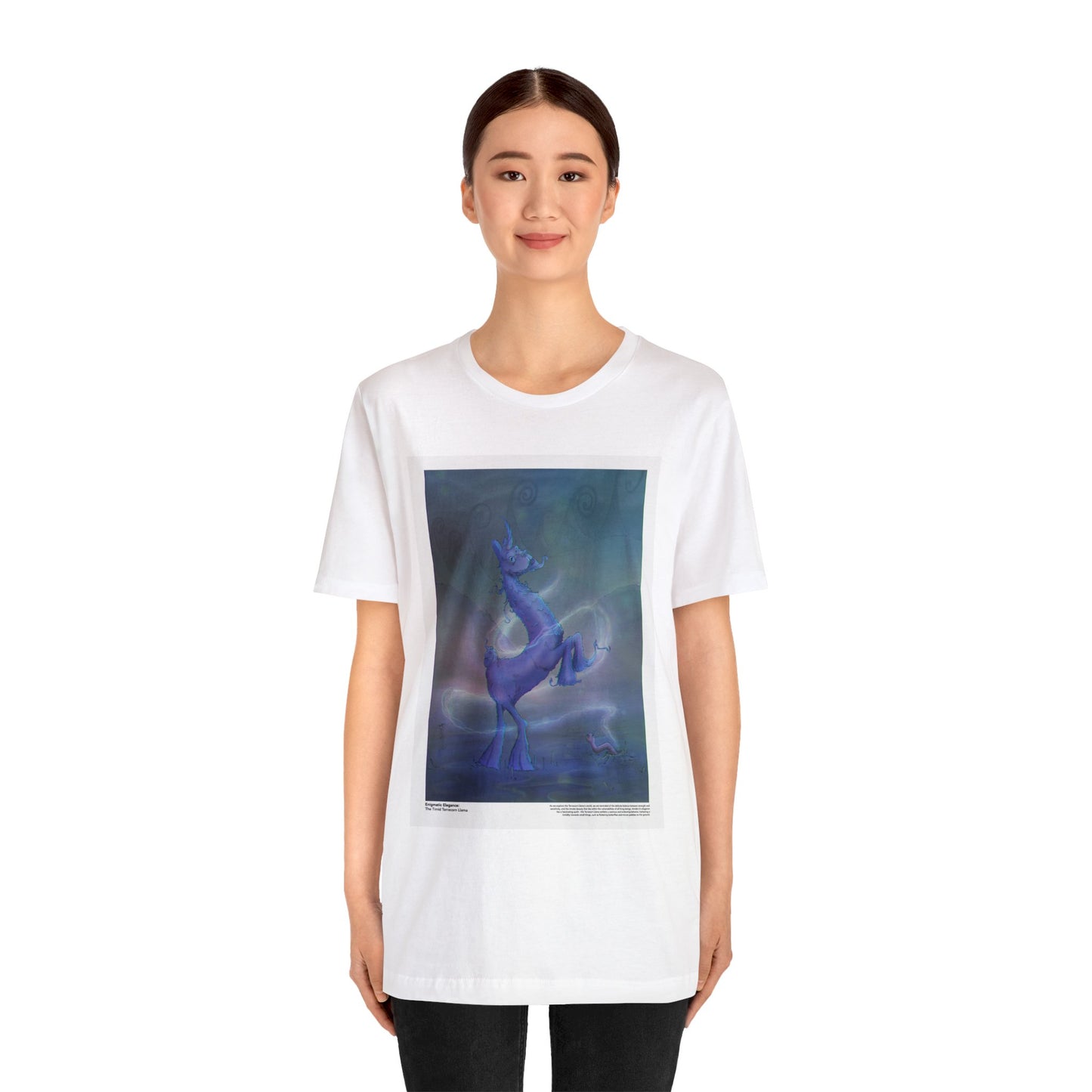 Woman wearing a white unisex Timid Terracorn Llama Tee featuring a mystical llama design, perfect for fantasy and llama enthusiasts.